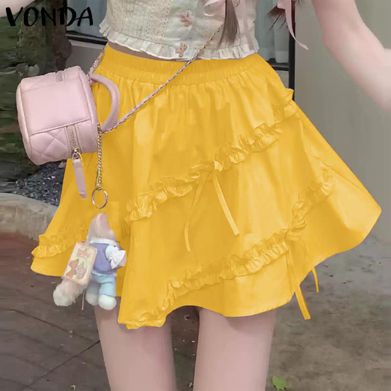VONDA Women Casual Elastic Waist Solid Color Layered Ruffle Skirts