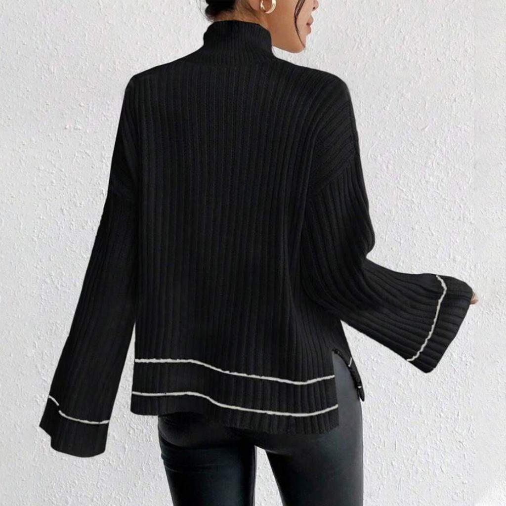 Women's Casual Fashion Colorblock Knitted Brushed Turtleneck Long Sleeve Top