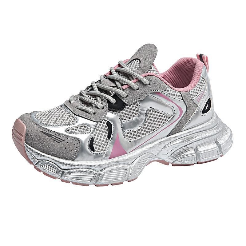 Thick-soled silver heightening women's new breathable retro single-net lightweight casual sports shoes in summer 2025