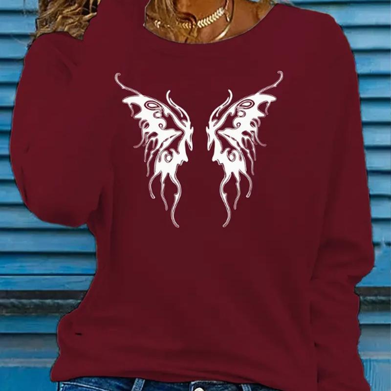 Tops For Women Butterfly Wings Print Round Neck Long Sleeve T-shirt Fall Casual Slim Pullover Women's Long Sleeve Top