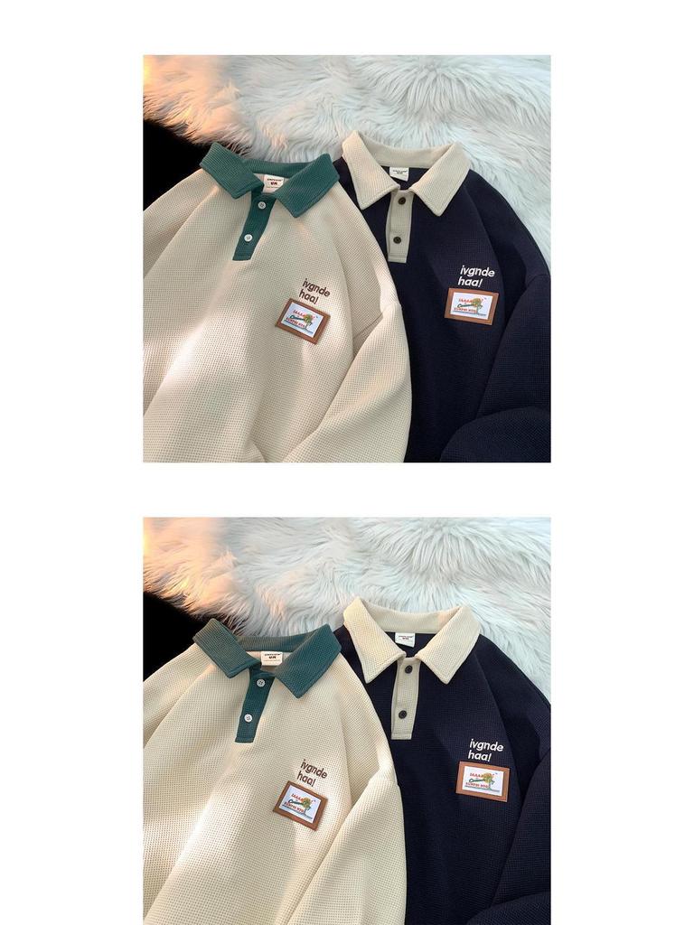 Męska koszulka polo wafelkowa w stylu vintage retro - luźny krój, kołnierzyk z klapami, na wiosnę/jesień, styl unisex