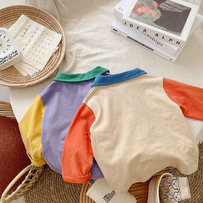 Children's Polo Shirt - Korean Style, Contrasting Colors, Cotton, Long-Sleeve, Lightweight, for Spring and Autumn.