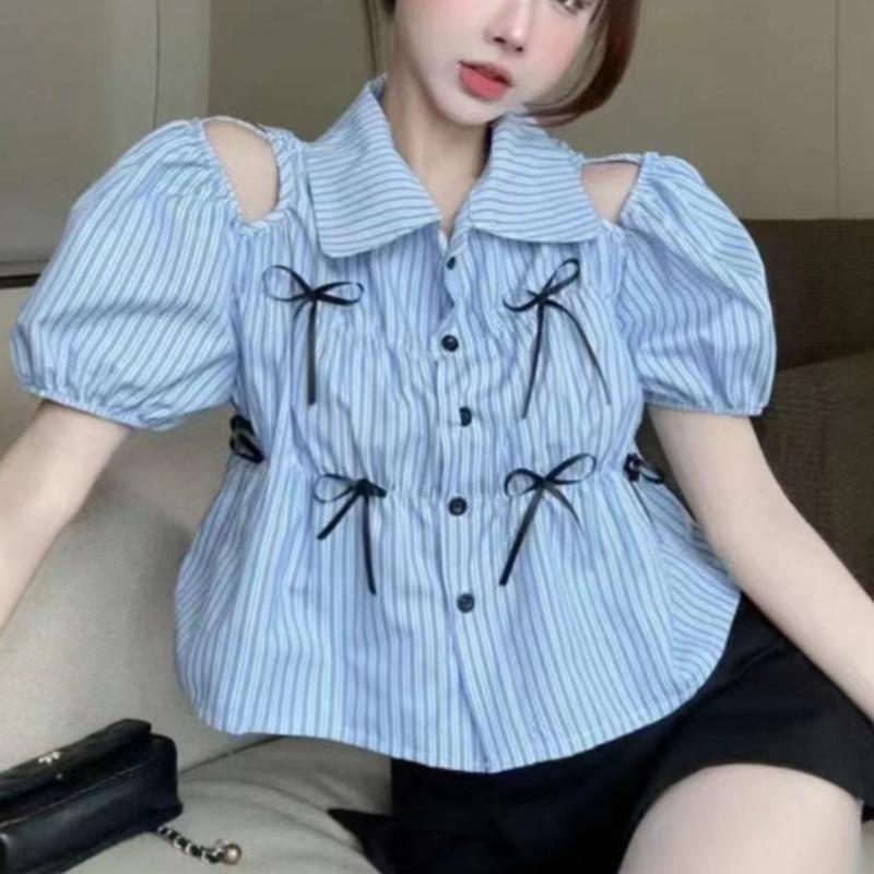 Ladies' Off Shoulder Shirt Turndown Collar Bubble Sleeve Bow Design Famale Button Up Stripe Shirts Fashionable Comfortable Women's Top
