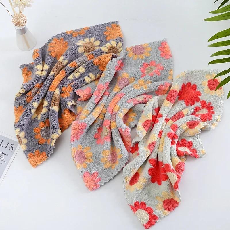 30x30cm Kitchen Cleaning Cloths Soft Absorbent Dishcloth Coral Fleece Sunflower Wiping Towel Rags Household Cleaning Cloth