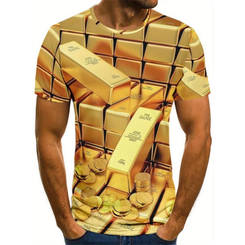 Men's Gold Bar 3D Printed T-Shirt Casual Short Sleeve Crewneck Top Creative Money Brick Graphic Tee Trendy Hip Hop Streetwear Summer Fashion Clothes