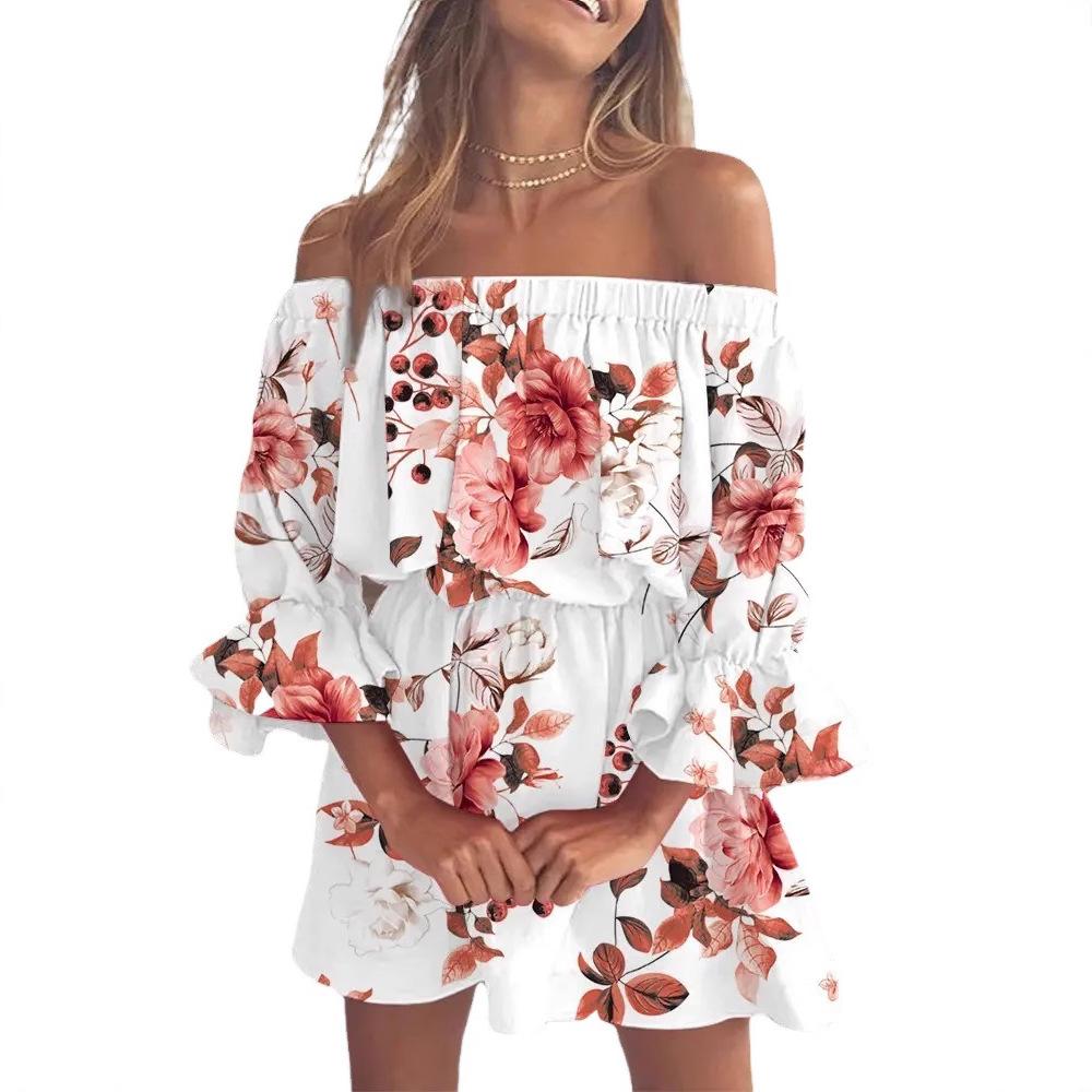 European and American independent station sexy fashion one-word shoulder print dress women's clothing, spot