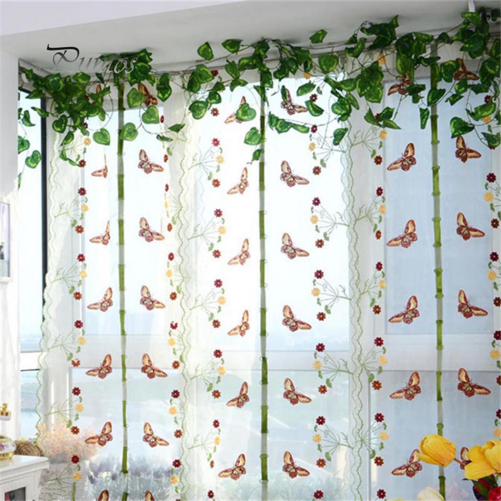 Home Decor Bedroom Decor Rural Butterfly Flower Embroidered Window Curtain Sheer Drape
