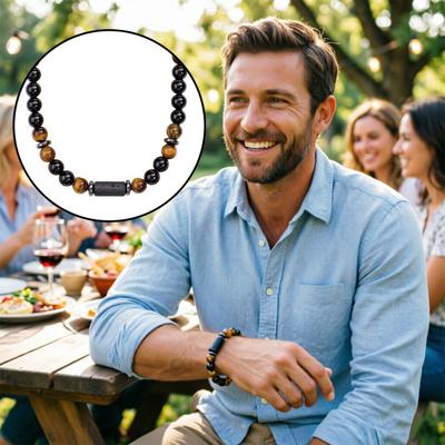 Steinperlenkette für Männer Gelbes Tigerauge Obsidian Perlenkette Energie