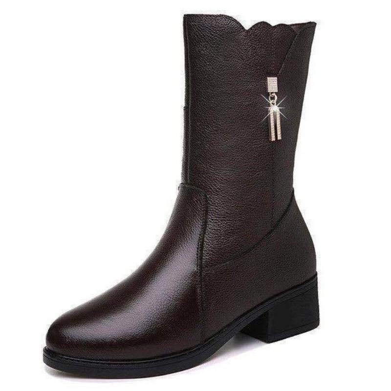 Soft Leather Thick High-heeled Martin Boots Women's Medium Boots Autumn and Winter New Velvet Versatile Cotton Shoes Women's Boots