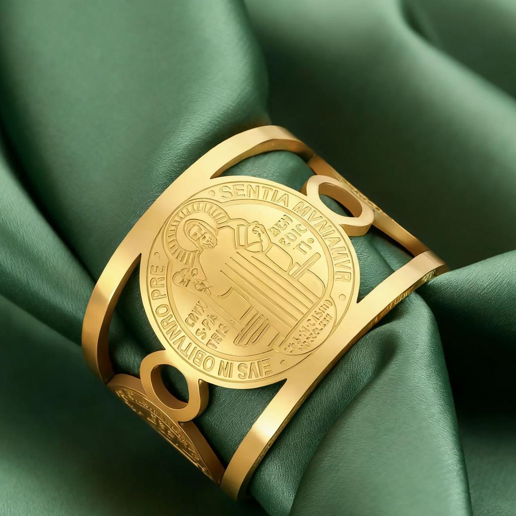 My Shape Saint Benedict Medallion Hollow Rings for Women Men Stainless Steel Religious Open Adjustable Finger Ring Jewelry Gifts