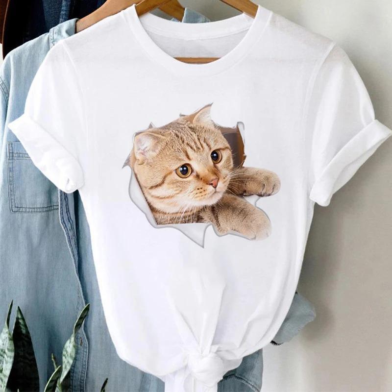 Harajuku Women's Short Sleeve T Shirt Casual White Tops Female Clothing T-shirt Cat Print Ladies Gothic Tshirts
