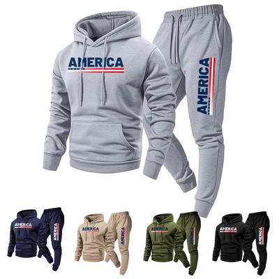 Men's Casual -color Letter Print T-shirt Set - Men's Fleece Hooded Drawstring T-shirt And Pants Two-piece Set