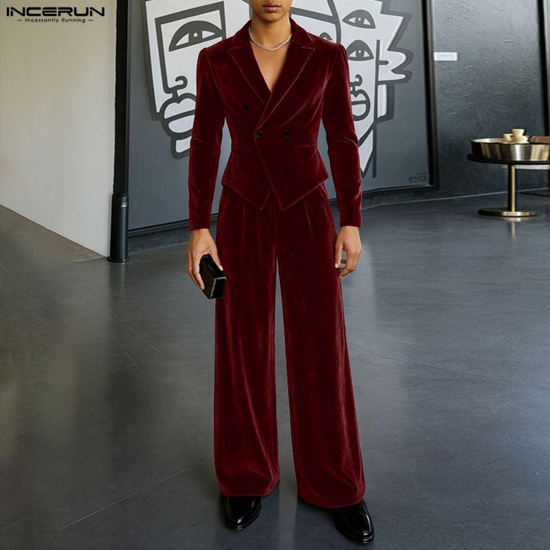 INCERUN Winter Autumn Men Peak Lapel Long Sleeve Velvet Blazer Long Pants Casual Outfits Two Piece Sets