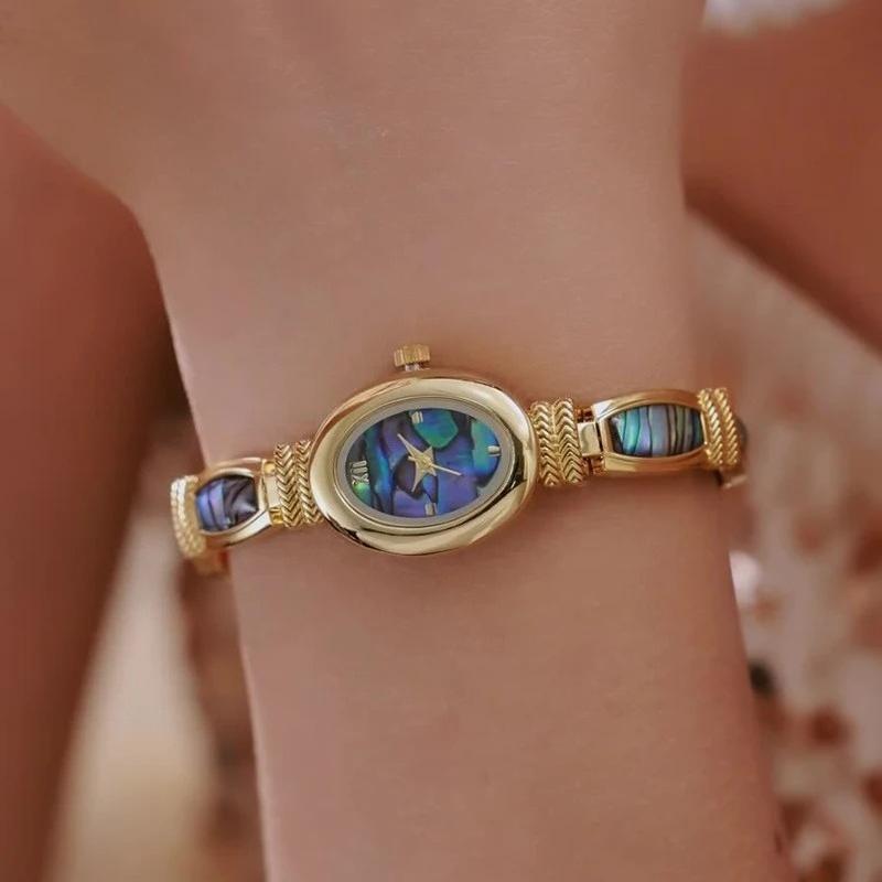 Women Shells Bracelet Watches Oval Dial Clock Quartz Wristwatch