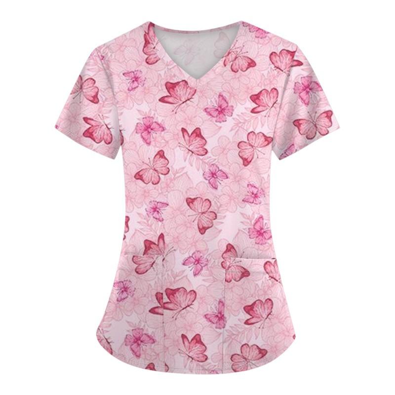 V-Neck Short Sleeve Nursing Scrub Top Women Fashionable Casual Workwear With 3D Print Design Slim Fit 2025 Collection