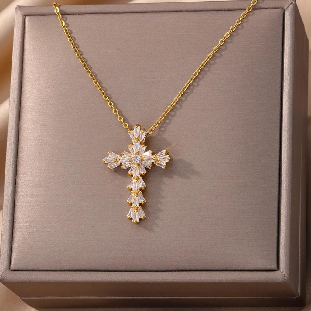 Luxury Zirconia Cross Pendant Necklace for Women Zircon Crystal Stainless Steel Chain Charm New Trend Aesthetic Jewerly Collares