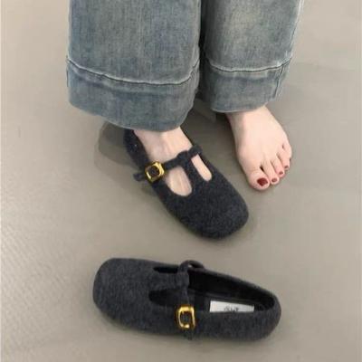 Automne Tissu Laine Chaussures Plates pour Femmes Chaussures à Bout Rond Peu Profond Chaussures Confort pour Dames Style Ballerine Chaussures Mary Jane
