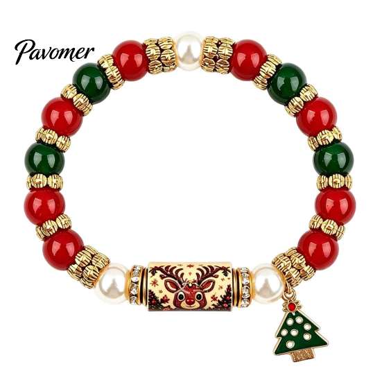 Christmas Beaded Bracelets for Women Bracelet, Elastic Stretch Bracelet with Xmas Holiday Party Outfit Accessories Tree Charm, Jewelry Gifts Men Alloy