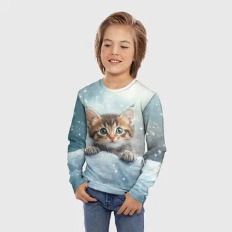 Children's Cartoon Fox Kitten Printed Animal T-shirt Boys Cute Long Sleeved Soft Comfortable Top