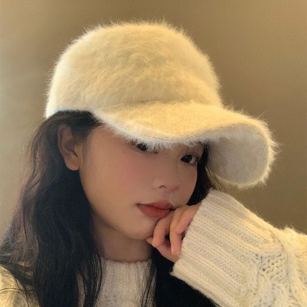 Solid Color Women's Baseball Cap Rabbit Fur Winter Warm Hat Comfort Plush Dubill Cap  Street Style