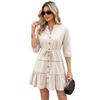 Rochie Mini de Damă cu Talie Legată, Patchwork cu Ochiuri, Butonată, cu Volane la Tiv, Rochie Cămașă Casual, A-Line, cu Mâneci Scurte