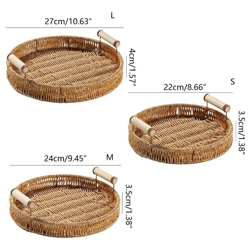 Hand-woven Storage Basket Rattan Tray for Countertop Shelves Fruit Tea Snack Bread Basket with Handle Kitchen Bedroom