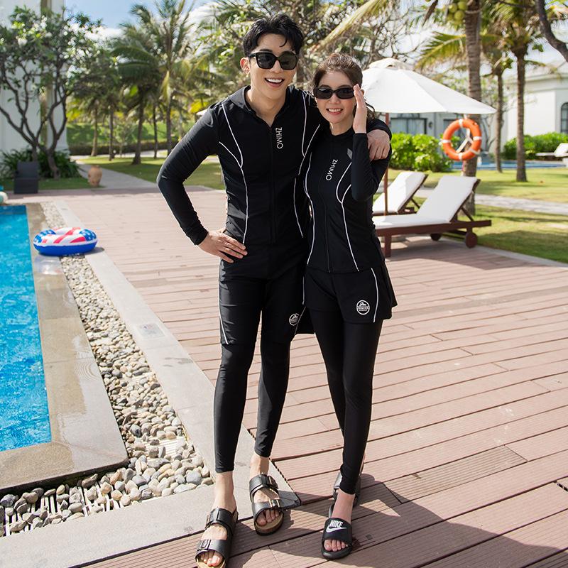 Couple's Long Sleeve Split Hoodie Swimsuit: Women's Sun Protection Surf Suit & Men's Beach Swimwear
