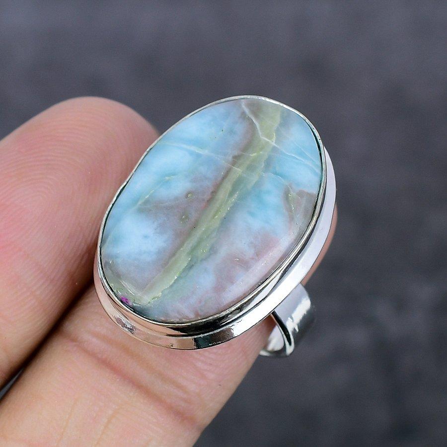 Natural Republic Larimar Gemstone 925 Sterling Silver Jewelry Ring Size 8 T6z37
