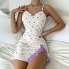 Women's Lace Trim Side Slit Cami Sleep Dress Cute Heart Print Sleeveless Ribbed