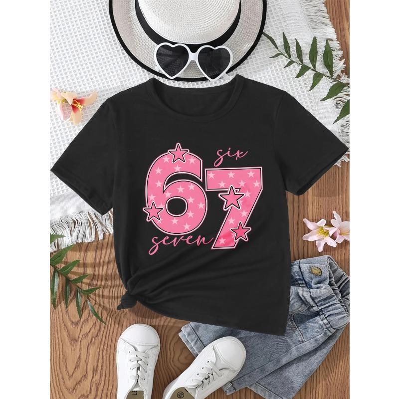European sizes Girls' 67 Letters & Numbers Print T-Shirt - Casual Round Neck Top Suitable for Spring/Summer, & Casual Attire