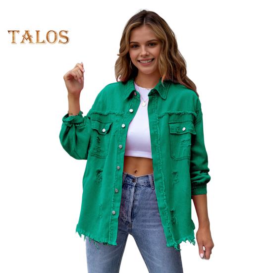 Women Denim Jacket Retro Single-breasted Ripped Hole Turn-down Collar Long Sleeves Solid Color Flap Pockets Lady Coat Commuting Shopping Coat