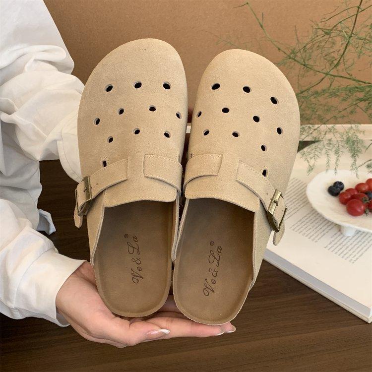 

Soft leather version~ thick-soled bag head half slippers women s summer wear hole shoes one pedal retro Boken shoes sandals 35 абрикосовый