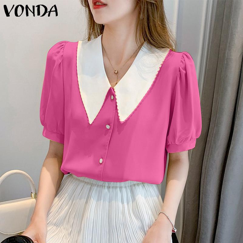 

VONDA Лето Женщины Сращивание Цвет Лацкан Воротник Топы