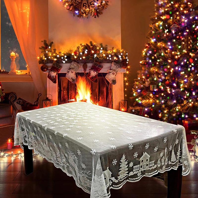 Christmas Snoaman Santa Elk Tablecloth Xmas Party House Lace Table Runner Holiday Decor