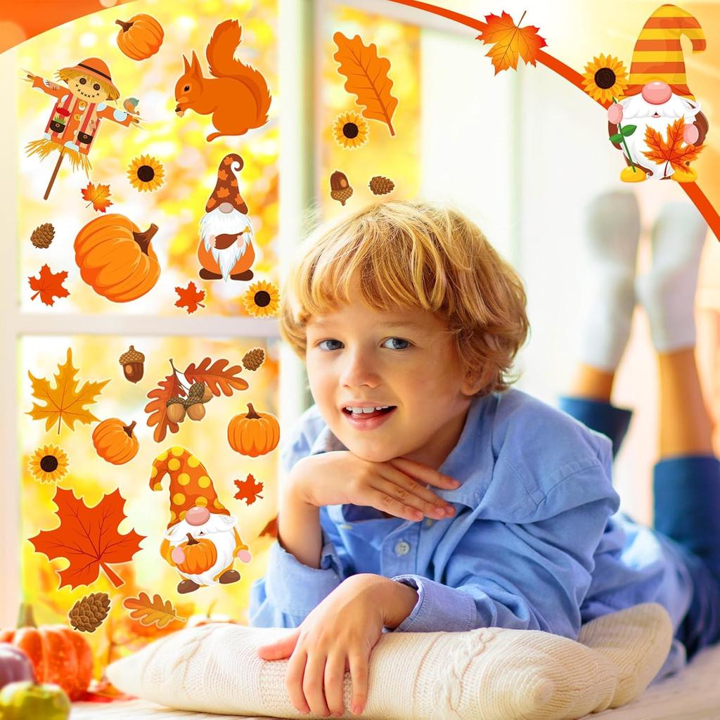 2 Sheet 64 Pcs Thanksgiving Gel Window Clings Fall Thick Gel Cling Removable Reble Autumn Harvest Window Sticker Pumpkin Maple Leaves Gnome Decal for