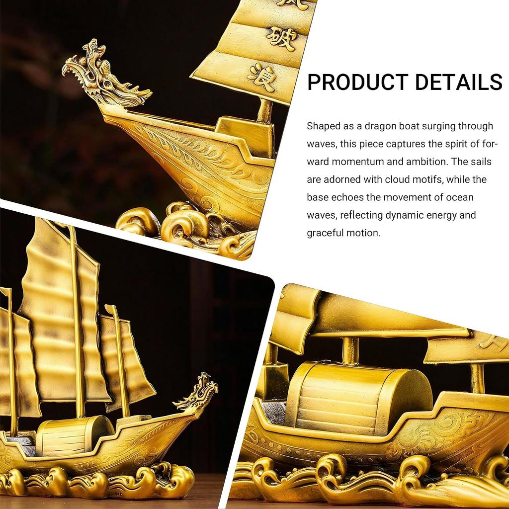 Brass Dragon Head Sailboat Feng Shui Statue – Chinese Smooth Sailing & Prosperity Figurine for Entryway, Home Office Desk or Shelf Decor, Gift for