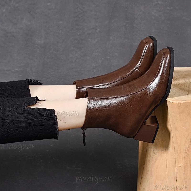 Autumn Brown Women's Short Boots Winter Plush Black Boots for Women Elegant Square Toe Back Zip Botines 35-40 Bottes Femmes