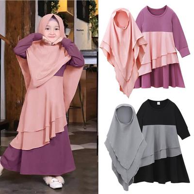 Girls' Patchwork Long Sleeve Dress & Headscarf Set - Spring/Autumn Style
