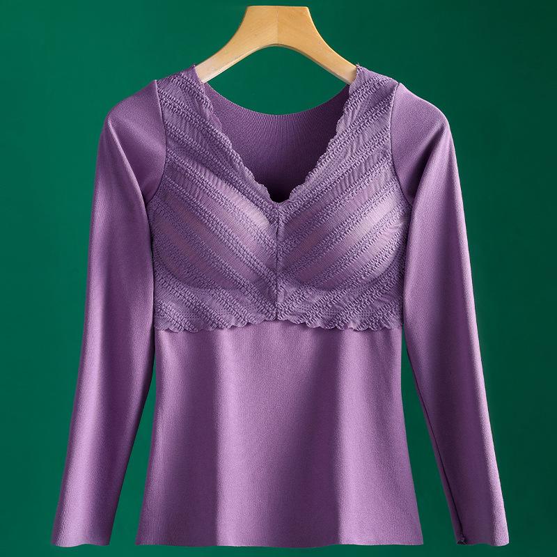 

Qinyang Women s V-Neck Lace Thermal Top - Velvet Warm, Seamless, Long Sleeve with Chest Pad for Autumn and Winter XL (80-100 lbs)
