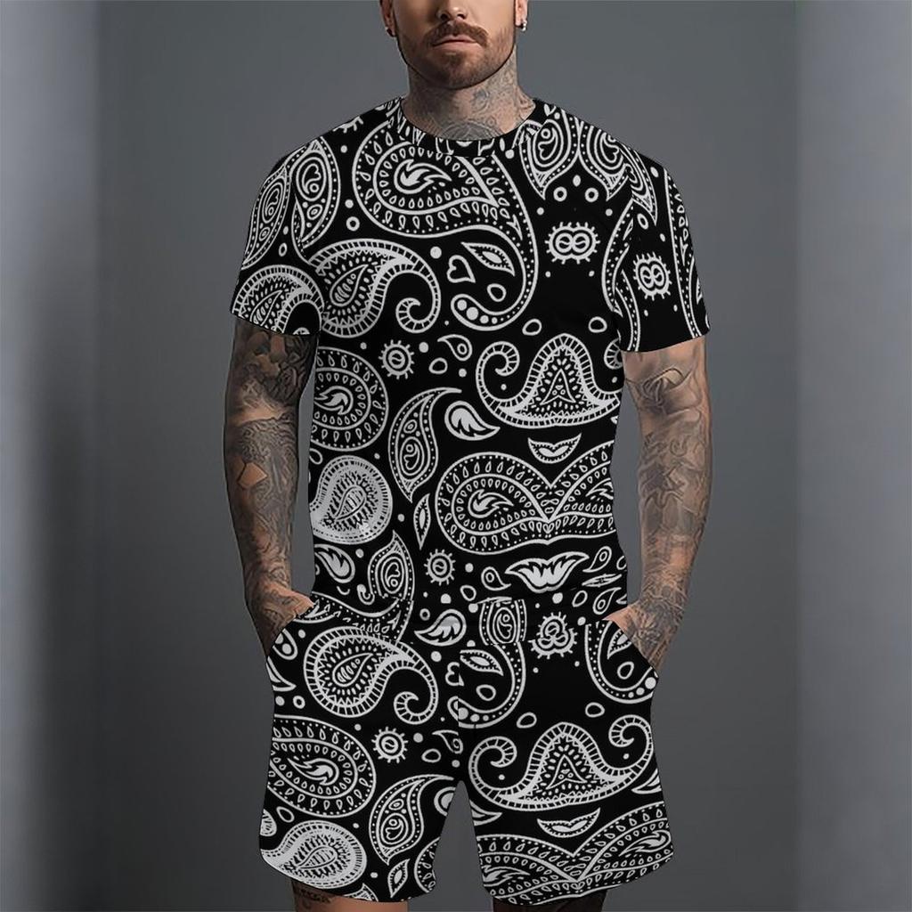 Men Full Black White Paisley Bandana Print Short Sleeve Tee And Matching Shorts Two Piece Outfit