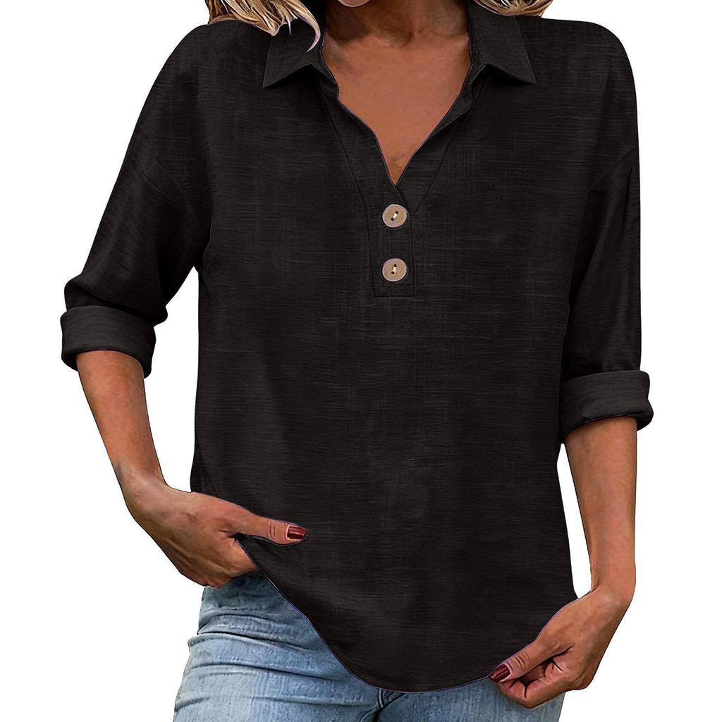 Women's Seven-Sleeve Cotton Linen Lapel Shirt - Solid Color, Casual, Breathable