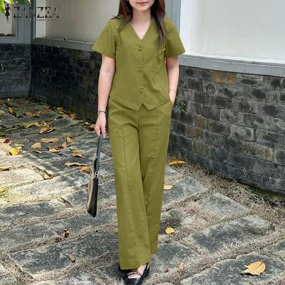 Women Short Sleeve Blouse and Pants Summer Two Piece Suit Sets