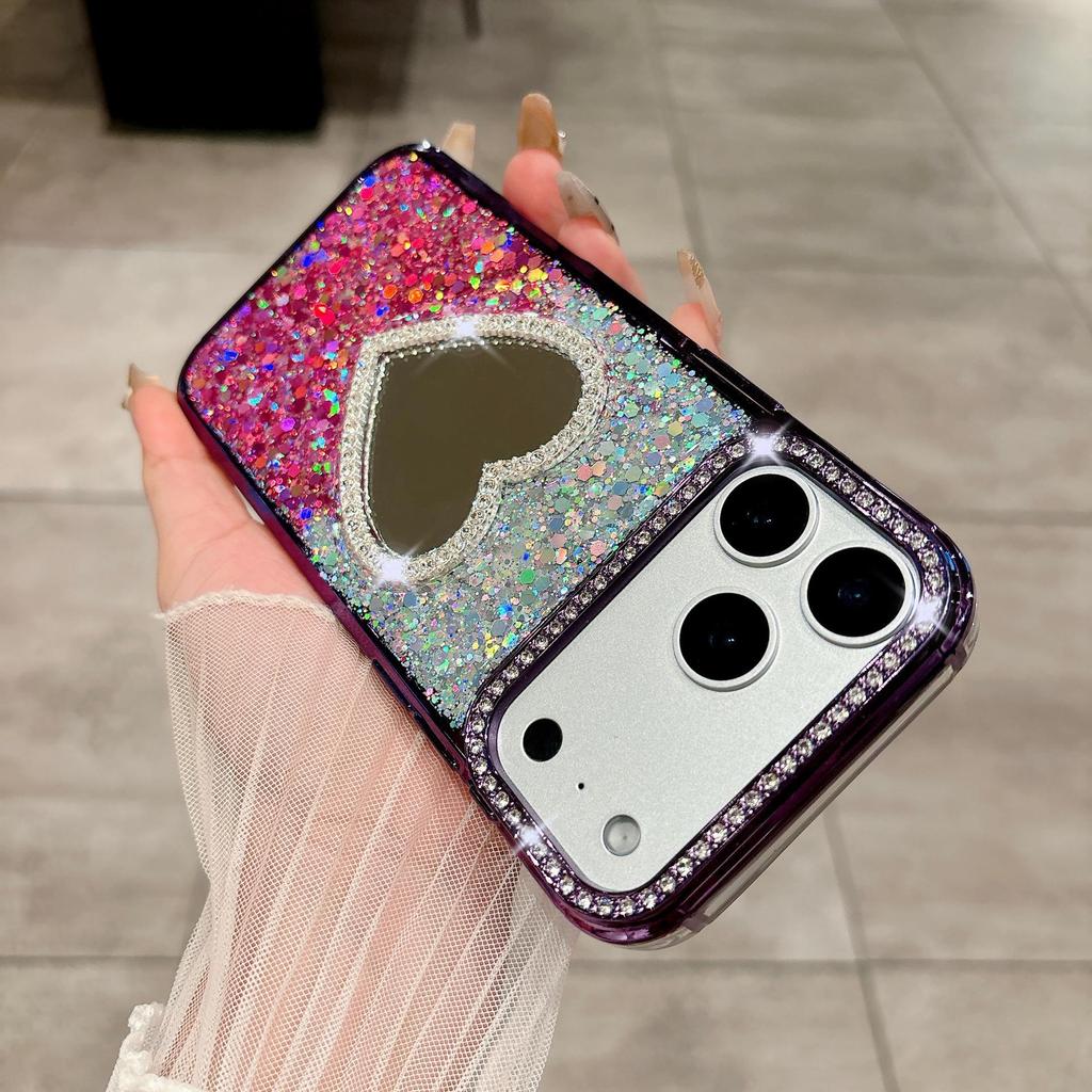 Glitter Epoxy Heart Mirror Rhinestone Case for iPhone 15/16/17 Pro Max