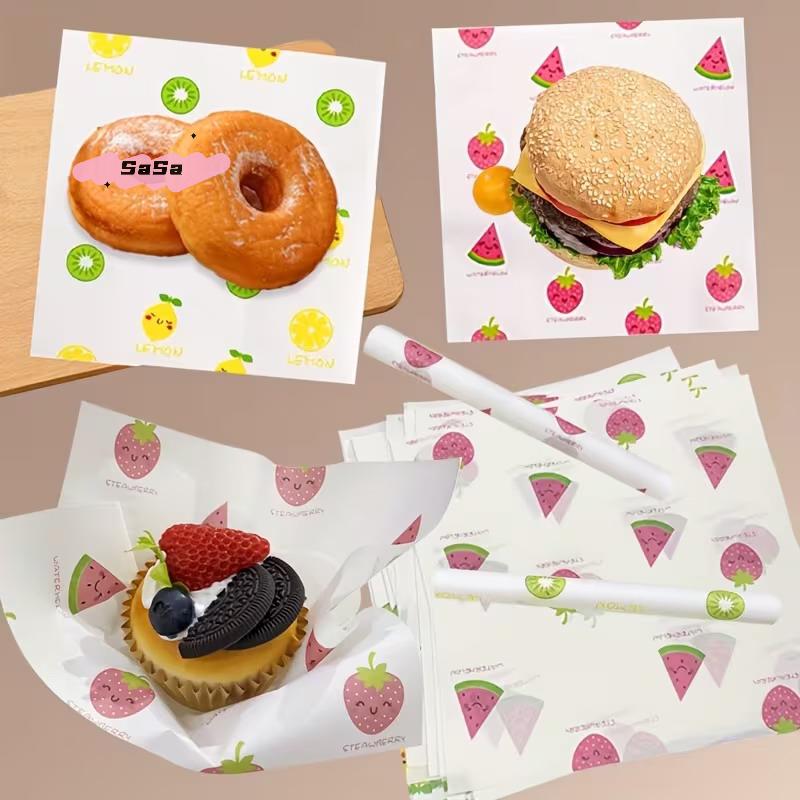 50Pcs Food-Grade Baking Wax Paper Strawberry Floral Pattern Non-Stick Squares for Cake Burger Chips Wrapping