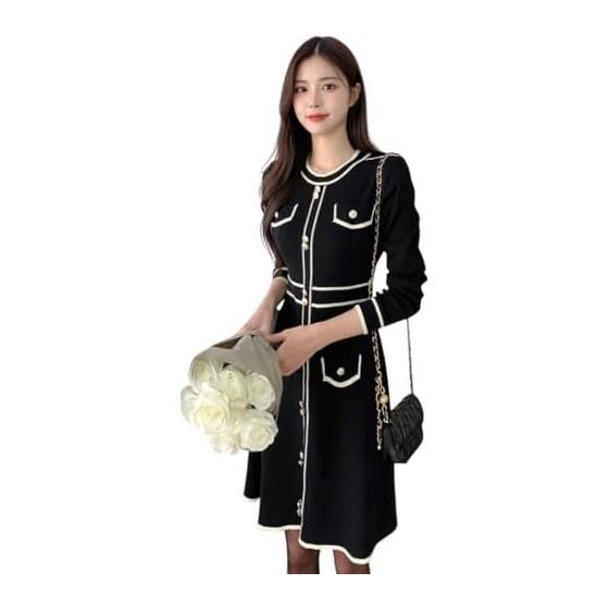 [UQQA] Women s Knit Dress, Autumn/Winter, Long Sleeve, Beautiful, Stretchy, Elegant, A-Line, Classic