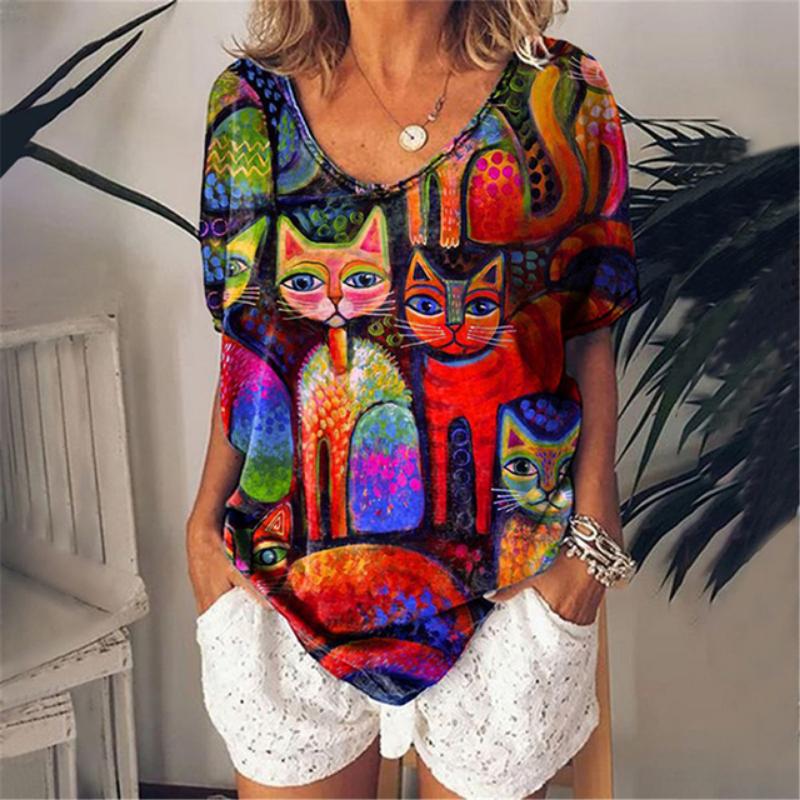 Women's 3d Cats Print T-Shirt Fashion Woman Blouses 2023 Funny Kawaii V-Neck T Shirt Female Clothing Oversized Summer Tops Tees