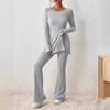 Women's Slim Two-Piece Outfit Long Sleeve Knit Top Elastic Waist Flared Pants Casual Tracksuit