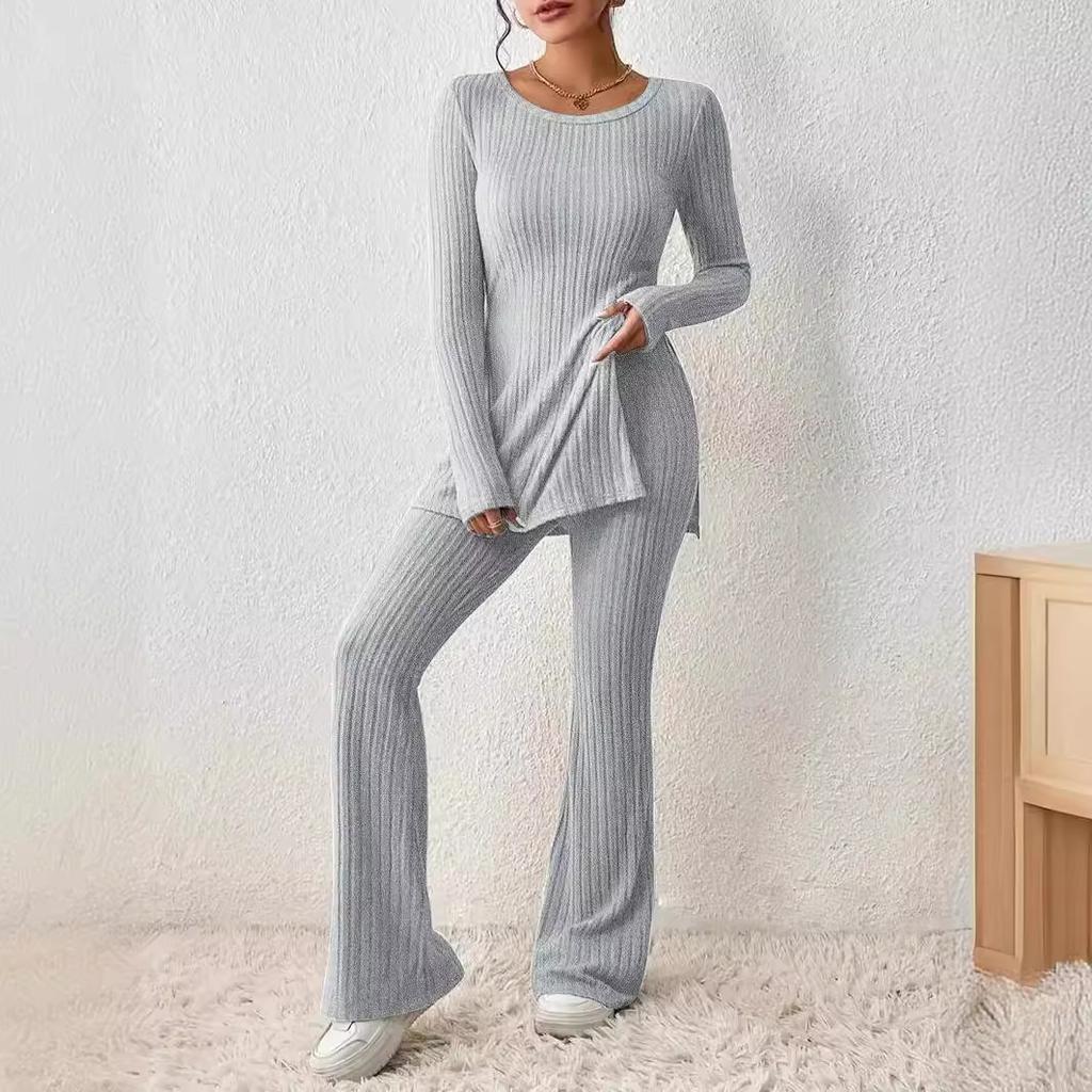 Women's Slim Two-Piece Outfit Long Sleeve Knit Top Elastic Waist Flared Pants Casual Tracksuit
