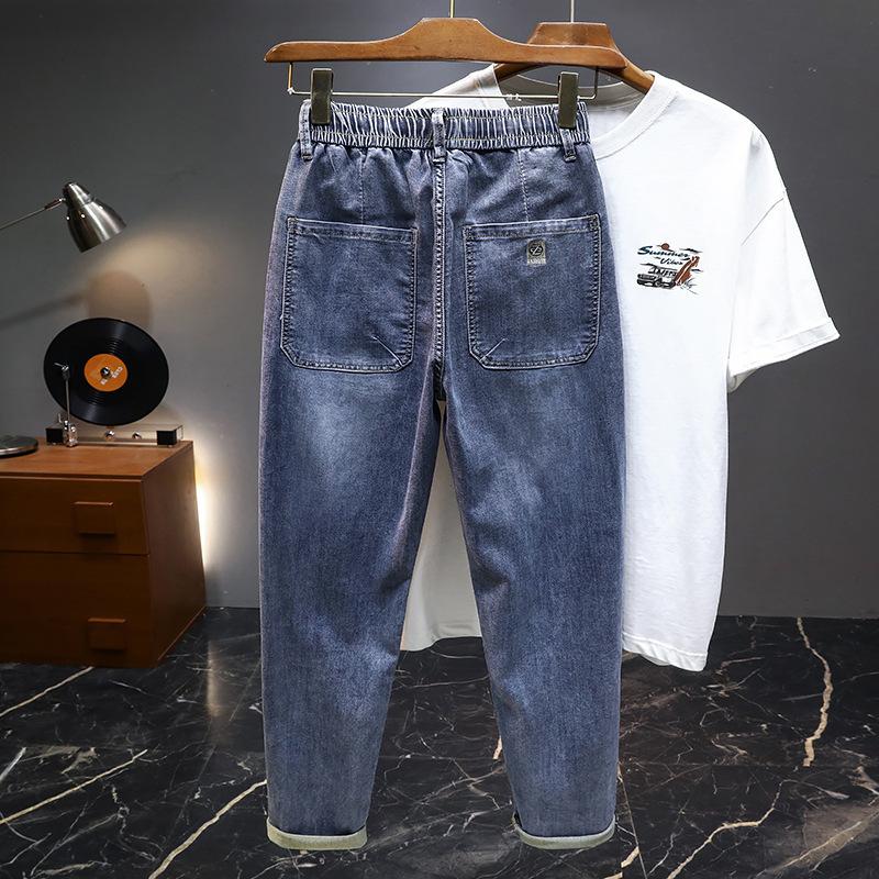 JYL Men s Straight Jeans High-Quality Printed Elastic Drawstring Denim S