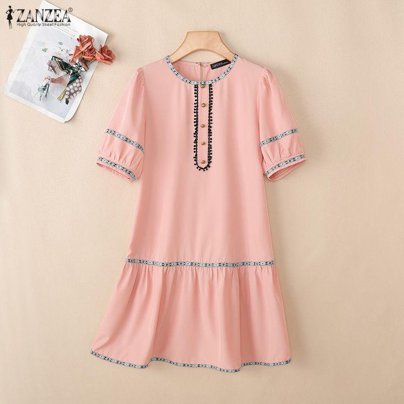 ZANZEA Kadın Rahat Yuvarlak Yaka Yaz Kısa Kollu Elbise